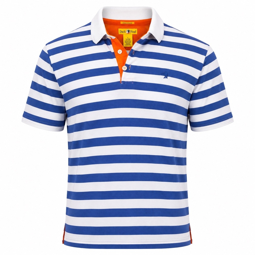 Duck Head Polo Shirt Men Large Blue White Striped Pima Pique Short Sleeve Preppy
